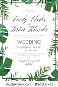 Wedding Floral Invitation, Invite Card. Vector Watercolor Style Exotic Palm Tree Green Leaves, Tropical Forest Greenery Herbs, Natural, Botanical Green Decorative Frame, Border. Delicate Layout Design