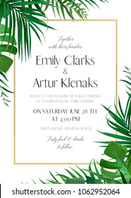 Wedding floral invitation, invite card with vector watercolor style tropical fan palm tree green leaves, exotic forest greenery herbs & elegant golden frame. Luxury ,botanical, woodsy template design
