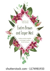 Wedding floral invitation, invite card. Vector watercolor style herbs, eucalyptus, gently burgundy, pink lilly, waxflower natural, botanical green decorative roundsquare, geometric. Rhombus frame temp