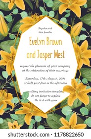 Wedding floral invitation, invite card. Vector watercolor style, forest greenery, herbs, eucalyptus, leaves lilly, botanical green, vertical geometric golden frame. Pattern on a blue background
