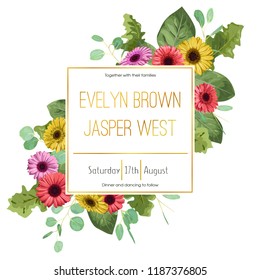 Wedding floral invitation, invite card. Vector watercolor style forest greenery, herbs, eucalyptus, gerbera, chamomile, chamaelaucium, waxflower natural, botanical green decorative frame, border