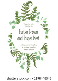 Wedding floral invitation, invite card. Vector watercolor set green forest fern, herbs, eucalyptus, branches boxwood, buxus. Natura, botanical green decorative round frame, border, circle. Frame layou