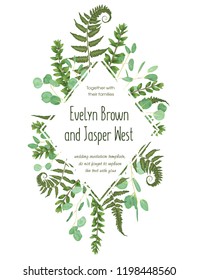 Wedding floral invitation, invite card. Vector watercolor set green forest fern, herbs, eucalyptus, branches boxwood, buxus. Botanical decorative round frame, rhomb, geometric. Rhombus frame template
