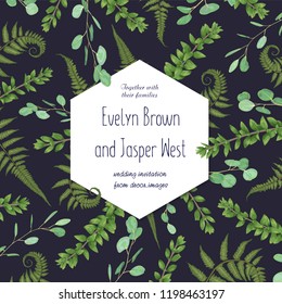 Wedding floral invitation, invite card. Vector watercolor set green forest fern, herbs, eucalyptus, branches boxwood, buxus. Botanical decorative frame, geometric. Pattern on a blue background
