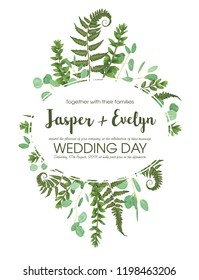 Wedding floral invitation, invite card. Vector watercolor set green forest fern, herbs, eucalyptus, branches boxwood, buxus. Botanical decorative round frame, rhomb, geometric. Rhombus frame template
