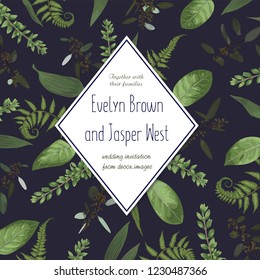 Wedding floral invitation, invite card. Vector watercolor set green forest fern, herbs, eucalyptus, branches boxwood, buxus. Botanical decorative frame, rhomb, geometric. Pattern on a blue background
