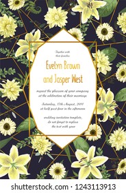 Wedding floral invitation, invite card. Vector watercolor , green forest leaf, fern, branches, buxus, eucalyptus. Flowers of white lily, gerbera, dahlia. Decorative geometric frame vertical. Blue 