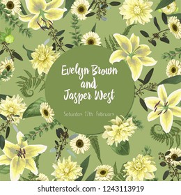 Wedding floral invitation, invite card. Vector watercolor , green forest leaf, fern, branches, buxus, eucalyptus. Flowers of white lily, gerbera, dahlia. Decorative round frame, border. Pattern on 