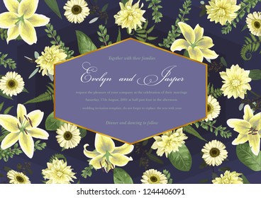 Wedding floral invitation, invite card. Vector watercolor , green forest leaf, fern, branches, buxus, eucalyptus. Flowers of white lily, gerbera, dahlia. Decorative geometric horisontal frame