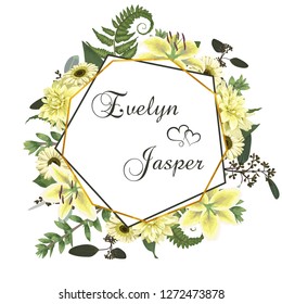 Wedding floral invitation, invite card. Vector watercolor , green forest leaf, fern, branches, buxus, eucalyptus. Flowers of white lily, gerbera, dahlia. Decorative geometric frame, border. White back
