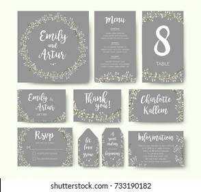 Wedding floral invitation invite flower card silver gray design: garden Baby's breath Gypsophila tiny flower wreath romantic rsvp, menu, label, thank you cards. Vector romantic print. Elegant template