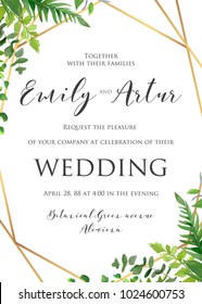 Wedding Floral Invitation, Invite, Save The Date Template. Vector Modern Elegant Card Design With Natural Botanical Green Forest Fern Leaves & Greenery Herbs Border And Luxury Geometrical Golden Frame