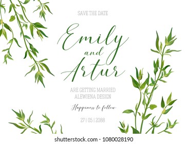 Wedding floral invitation, invite, save the date template. Vector modern elegant card design with natural, watercolor botanical green thyme greenery herbs minimalistic border, frame. Eco, rustic style