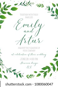 Wedding floral invitation, invite, save the date card vector template. Modern, rustic, natural design. Watercolor botanical green leaves, forest tree branches, greenery herbs elegant decorative wreath