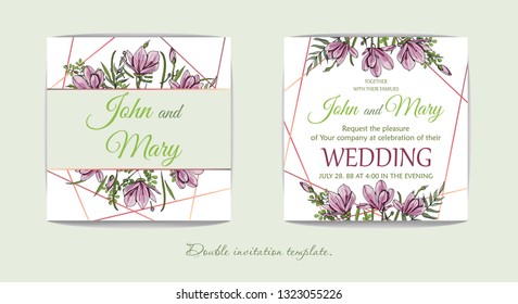 Wedding floral invitation, Magnolia, eucalyptus branches on a white texture with a pink gold geometric pattern. Elegant card. All elements are isolated and editable.