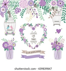 Wedding Floral Invitation. ,Mason Jar,Wreath,Banner,Love and Thanks,We Are Getting Married,Birdcage,Love Birds.Vector illustration.