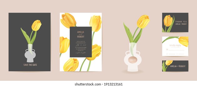 Wedding floral invitation. Modern tulip flower Save the Date set. Vector minimal spring card. Realistic template frame, foliage cover, summer background, trendy design, luxury brochure