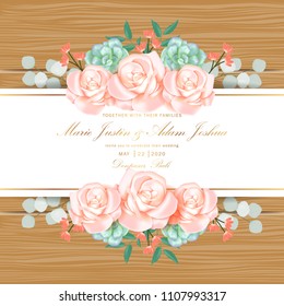 Wedding floral invitation with roses, succulents & eucalyptus leaves 