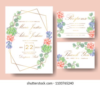 Wedding floral invitation. Save the date card elegant botanical design with succulents & eucalyptus leaves. Beautiful invitation template.