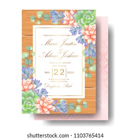 Wedding floral invitation. Save the date card elegant botanical design with succulents & eucalyptus leaves. Beautiful invitation template.