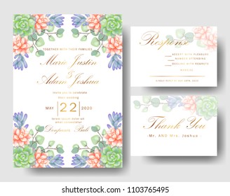 Wedding floral invitation. Save the date card elegant botanical design with succulents & eucalyptus leaves. Beautiful invitation template.