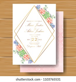 Wedding floral invitation. Save the date card elegant botanical design with succulents & eucalyptus leaves. Beautiful invitation template.