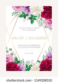 Wedding floral  invitation, save the date card design with burgundy and purple garden roses flowers and white peony & elegant golden geometric decoration. Trendy wedding card. Vector, modern template