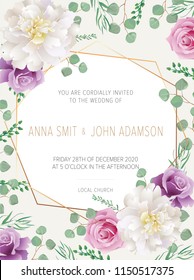 Wedding floral  invitation, save the date card design with purple roses flowers and pink peony & elegant golden geometric decoration. Geometric botanical vector design frame.Trendy wedding card.
