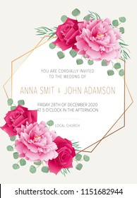 Wedding floral  invitation, save the date card design with pink roses flowers and pink peony & elegant golden geometric decoration. Geometric botanical vector design frame. Trendy wedding card.