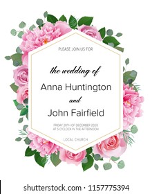 Wedding floral  invitation, save the date card design with pink roses and peonies flowers & elegant geometric decoration. Geometric botanical vector design frame.Trendy wedding card. Modern template
