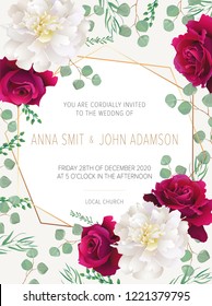 Wedding floral  invitation, save the date card design with dark red roses, white peony, eucalyptus & elegant golden geometric decoration. Geometric botanical vector design frame.Trendy wedding card.
