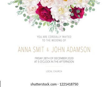 Wedding floral  invitation, save the date card design with dark red roses, white peony, eucalyptus & elegant golden geometric decoration. Geometric botanical vector design frame.Trendy wedding card.