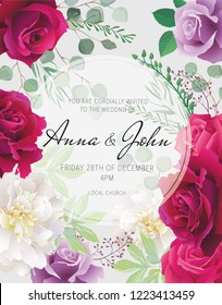 Wedding floral  invitation, save the date card design with white peonies, dark red, pink and purple roses and elegant geometric decoration. Geometric botanical vector design frame.Trendy wedding card.