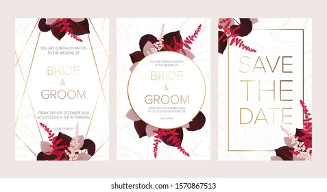 Wedding floral invitation, save the date card design with burgundy red and pink astilbe, monstera, viola lily leaves & elegant golden geometric decoration. Geometric botanical vector design frame. 