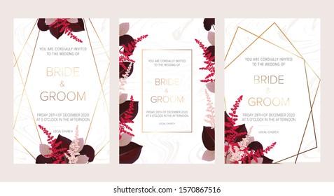 Wedding floral invitation, save the date card design with burgundy red and pink astilbe, monstera, viola lily leaves & elegant golden geometric decoration. Geometric botanical vector design frame. 