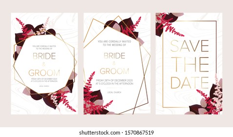 Wedding floral invitation, save the date card design with dark red roses, burgundy red astilbe, monstera, viola leaves & elegant golden geometric decoration. Geometric botanical vector design frame.