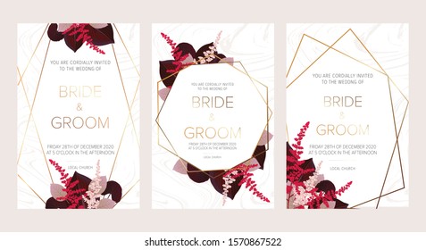 Wedding floral invitation, save the date card design with burgundy red and pink astilbe, monstera, viola lily leaves & elegant golden geometric decoration. Geometric botanical vector design frame. 