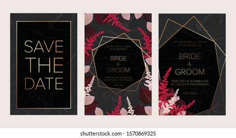 Wedding floral invitation, save the date card design with burgundy red and pink astilbe, monstera, viola lily leaves & elegant golden geometric decoration. Geometric botanical vector design frame. 