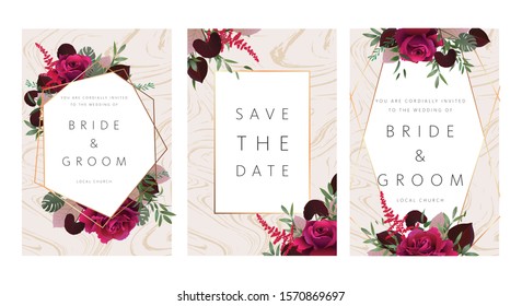 Wedding floral invitation, save the date card design with dark red roses, burgundy red astilbe, monstera, viola leaves & elegant golden geometric decoration. Geometric botanical vector design frame.