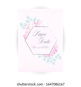 Wedding floral invitation, save the date card: dahlia, eucalyptus branches with geometric frame. Elegant rustic template. All elements are isolated and editable