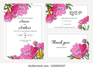 Wedding floral invitation set with peony flwers and lily.