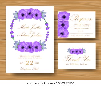 Wedding floral invitation with succulents, purple anemone & lavender flower