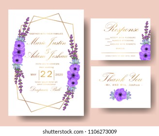 Wedding floral invitation with succulents, purple anemone & lavender flower