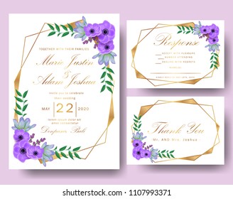 Wedding floral invitation with succulents, purple anemone & lavender flower