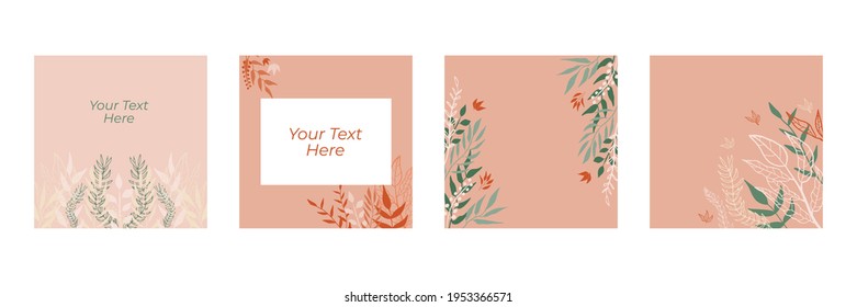 Wedding floral invitation template. Floral background for social media posts, mobile apps, banners design and web internet ads. Vector fashion backgrounds. Vector exotic flowers, leaves boho card 