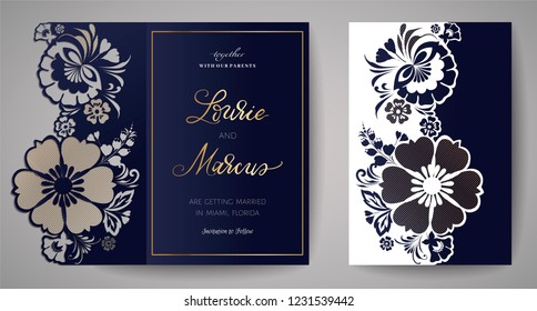 Wedding Floral Invitation. Template for laser cutting. Vector illustration.