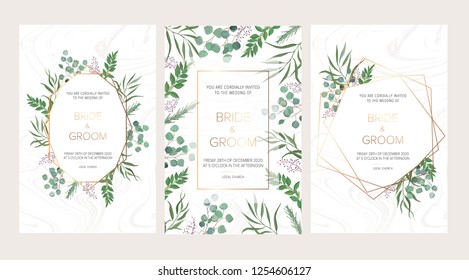 Wedding Floral Invitation, Thank You Modern Card: Rosemary, Eucalyptus Branches On White Marble Texture With A Golden Geometric Pattern. Elegant Rustic Template. All Elements Are Isolated And Editable
