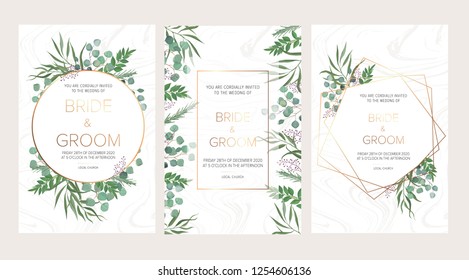 Invitación floral de boda, gracias tarjeta moderna: ramas de romero, eucalipto sobre textura de mármol blanco con un patrón geométrico dorado. Elegante plantilla rústica. Todos los elementos son aislados y editables