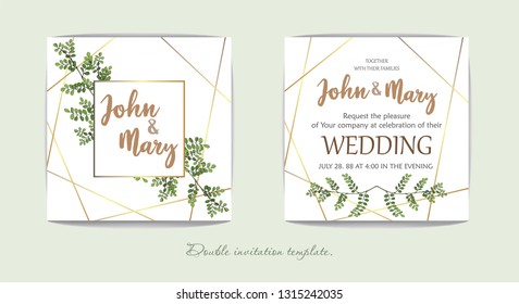 Wedding floral invitation, thank you modern card: rosemary, eucalyptus branches on white texture with a golden geometric pattern. Elegant rustic template. All elements are isolated and editable