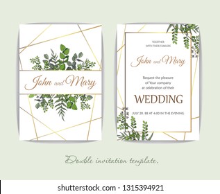 Wedding floral invitation, thank you modern card: rosemary, eucalyptus branches on white marble texture with a golden geometric pattern. Elegant rustic template. All elements are isolated and editable